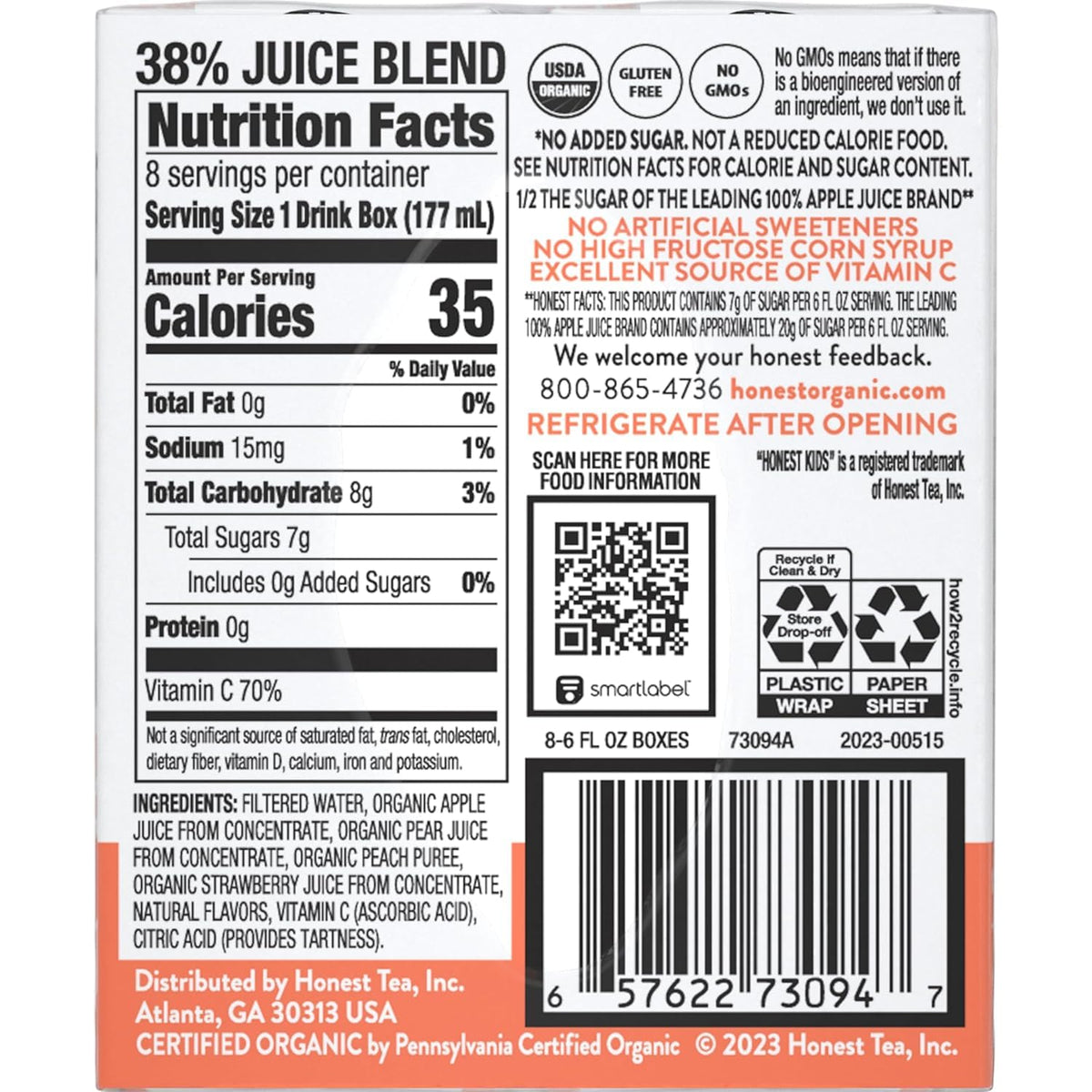Honest Kids Strawberry Peachy Keen carton side, shows organic ingredients emphasis