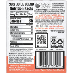 Honest Kids Strawberry Peachy Keen carton side, shows organic ingredients emphasis