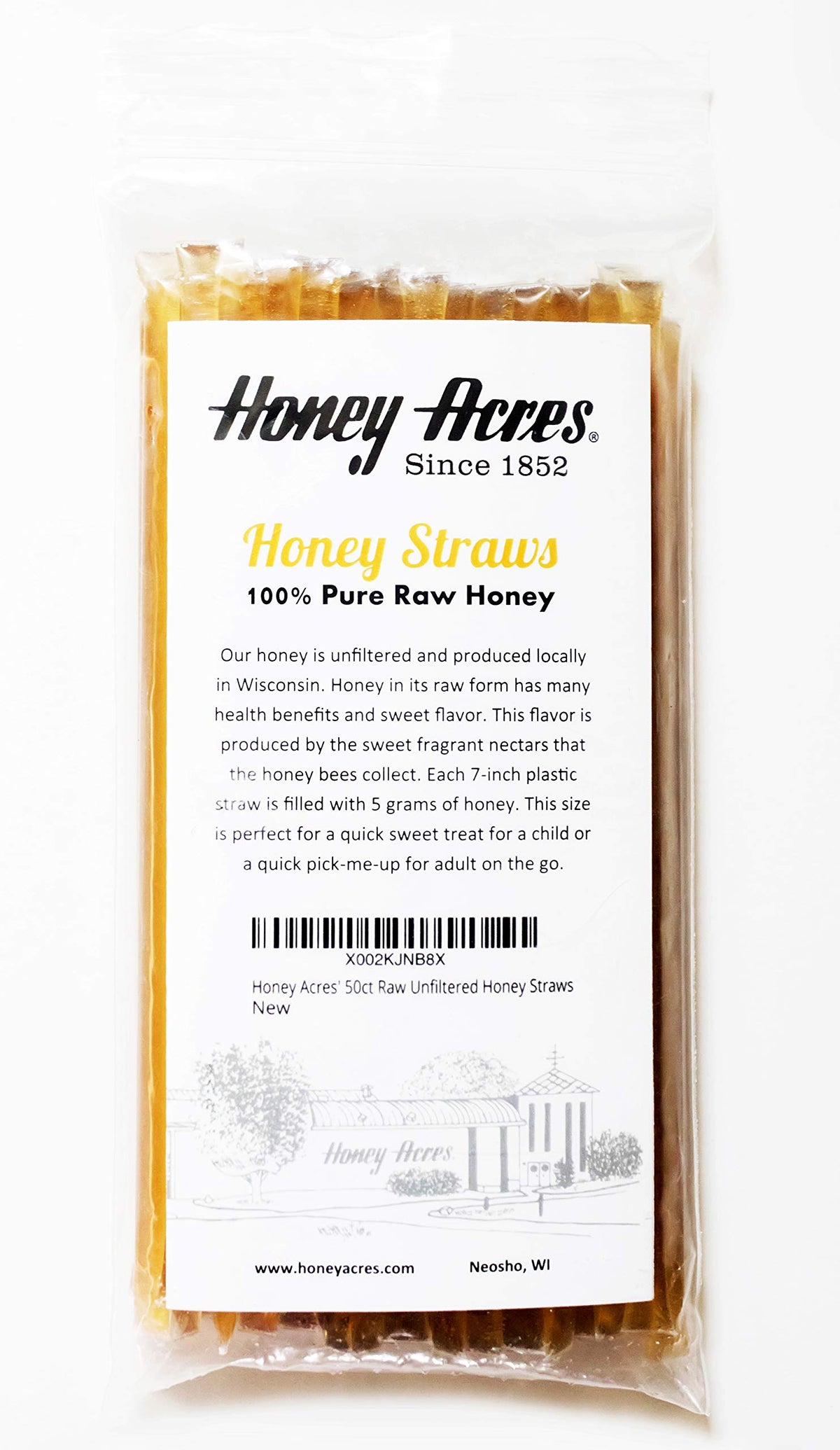 Hand holding a Honey Acres honey straw, highlighting convenient, ready-to-eat sweetness.