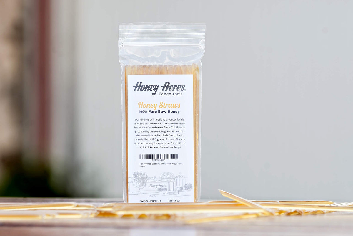 Neosho, Wisconsin packaging scene of Honey Acres honey straws ready for lunchboxes.