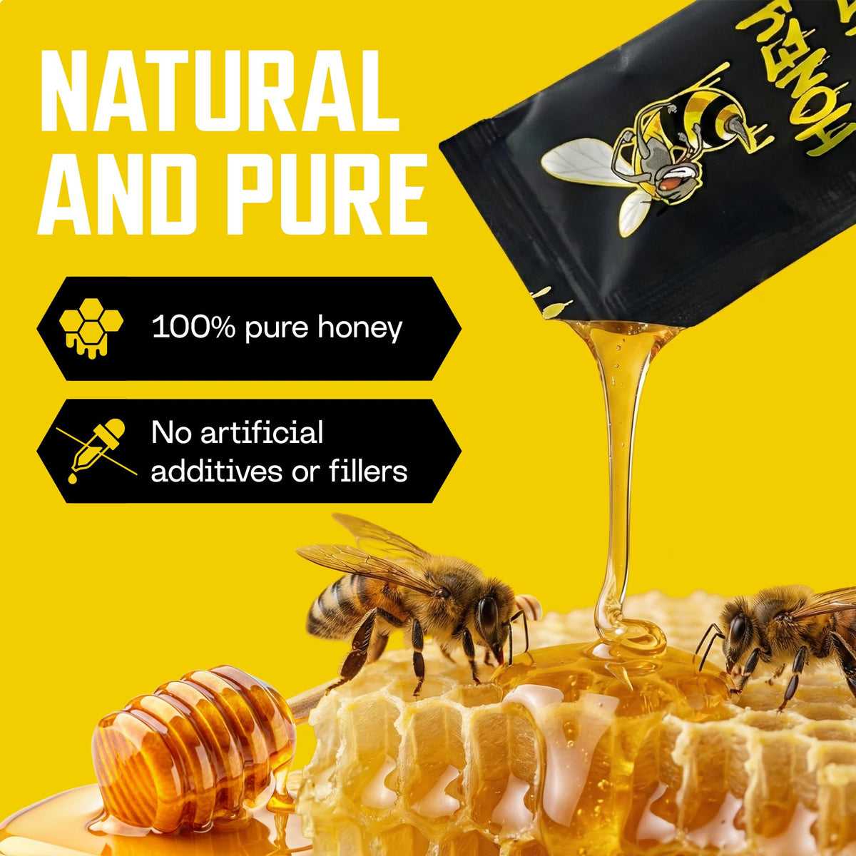 Honey Bae maca-tongkat-ali blend sachet highlighting stamina for workouts.