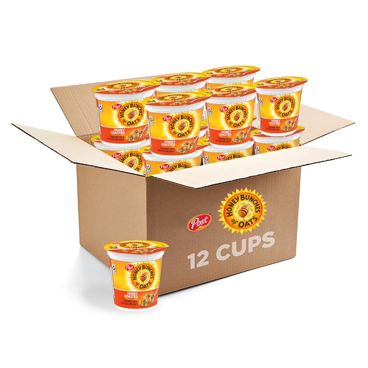 Honey Bunches of Oats honey roasted cereal cup pack shows convenient on-the-go breakfast option.