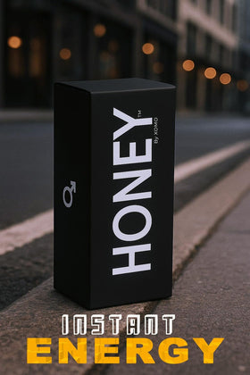 Honey by XOMO pack4 ingredients scene featuring Himalayan Shilajit and royal jelly.