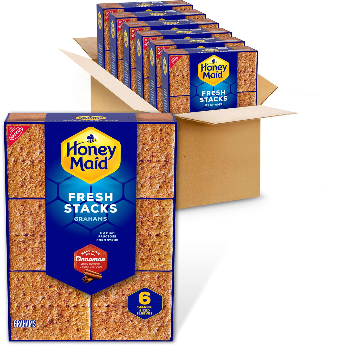 Honey Maid Cinnamon Fresh Stacks box shows bulk six-box convenience for easy snacking on the go.