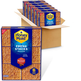 Honey Maid Cinnamon Fresh Stacks box shows bulk six-box convenience for easy snacking on the go.