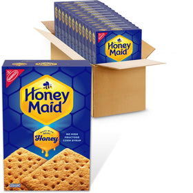 Honey Maid graham crackers bulk boxes on a shelf for bulk snacking.