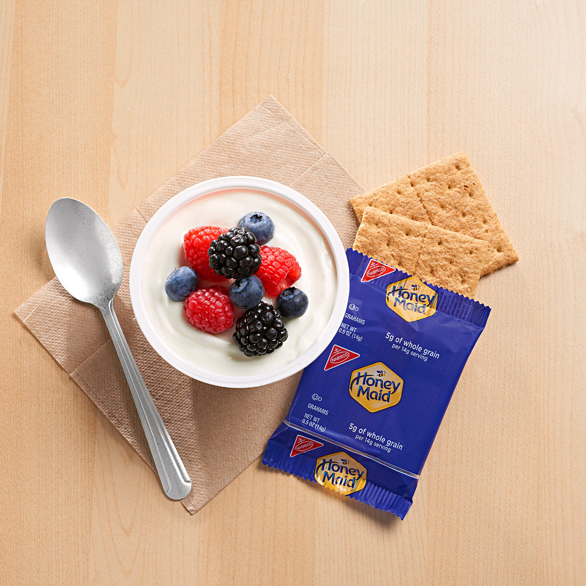 Honey Maid graham crackers no HFCS and no cholesterol claim.