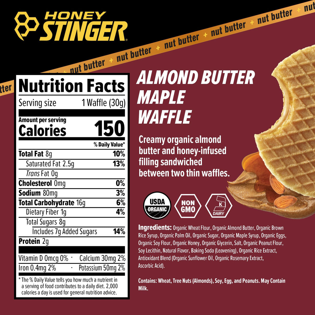 Honey Stinger waffle cross-section reveals creamy almond butter filling for quick energy