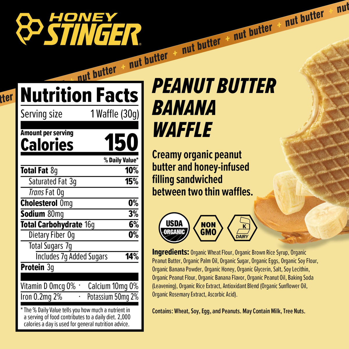 Honey Stinger waffle cross-section reveals honey infused filling and crisp layers.