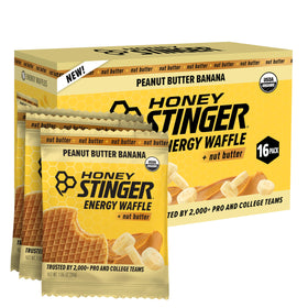 Honey Stinger Organic Peanut Butter Banana Waffle packaging, convenient workout fuel.