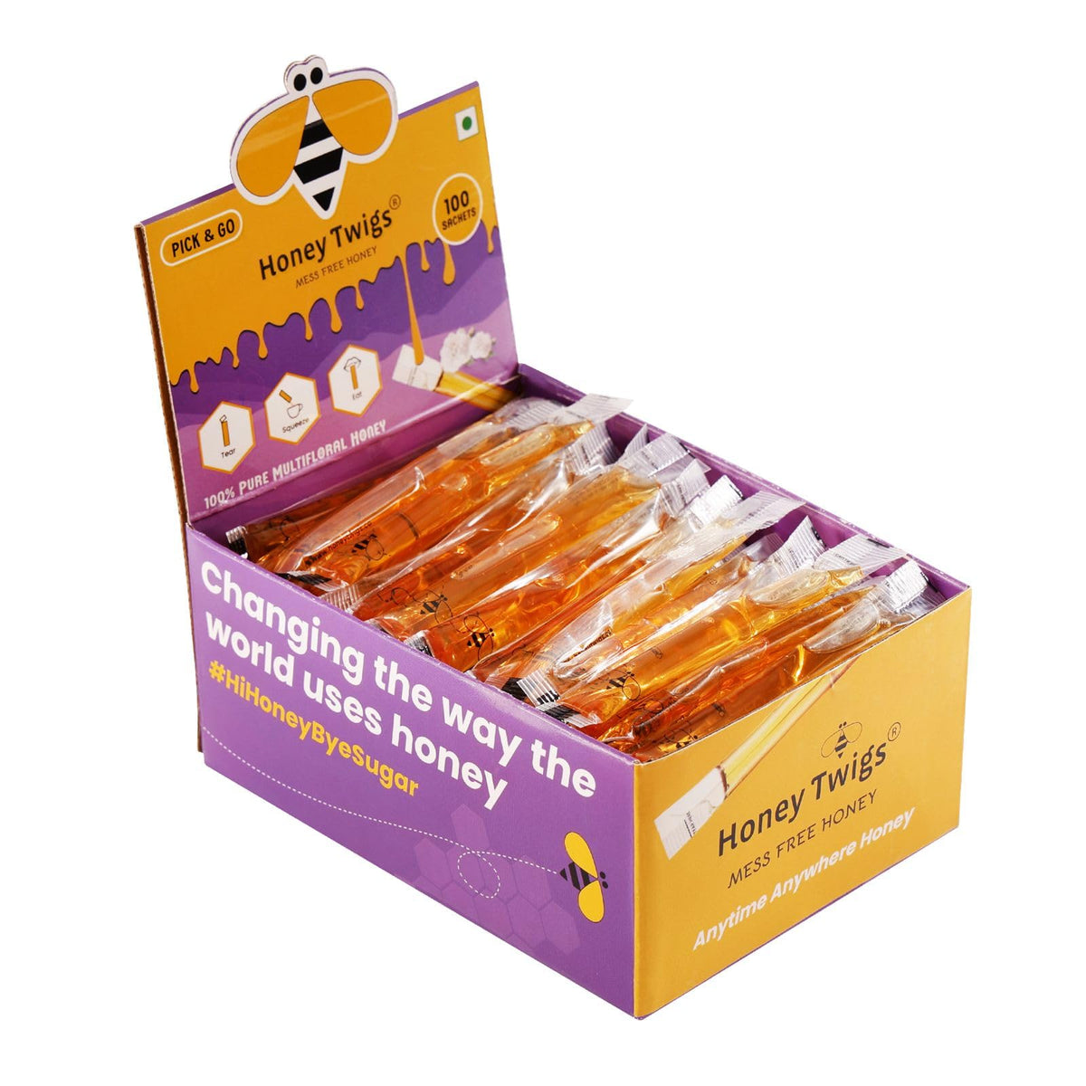 Honey Twigs 8g honey stick portion size convenient for single servings.