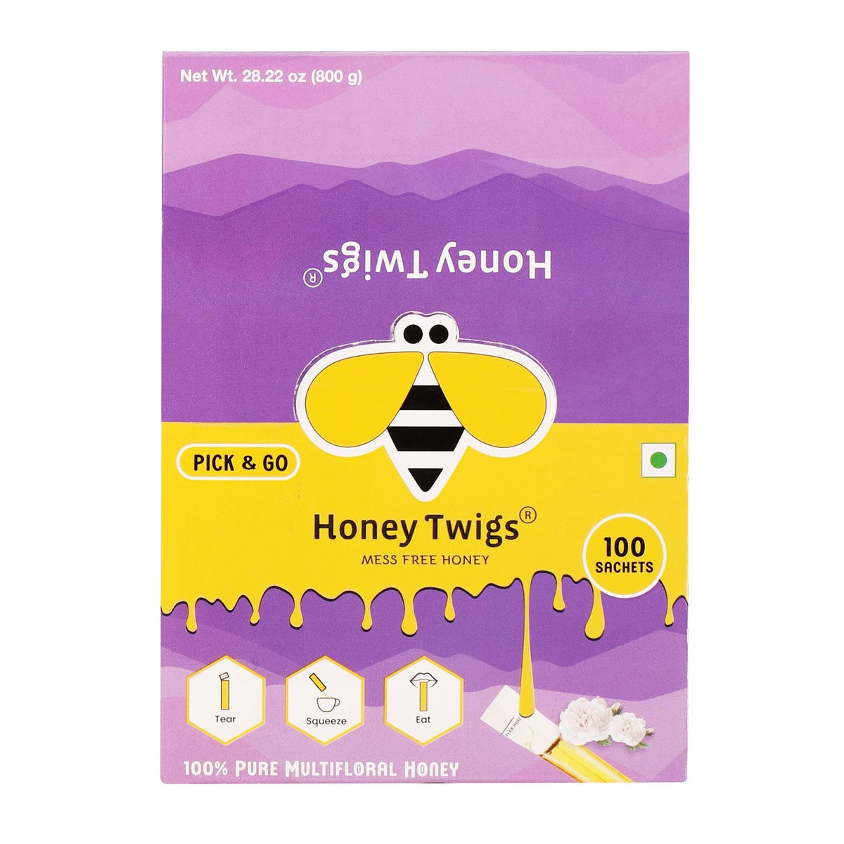 Honey Twigs single-serve honey sachets close-up highlights mess-free, portable portions.