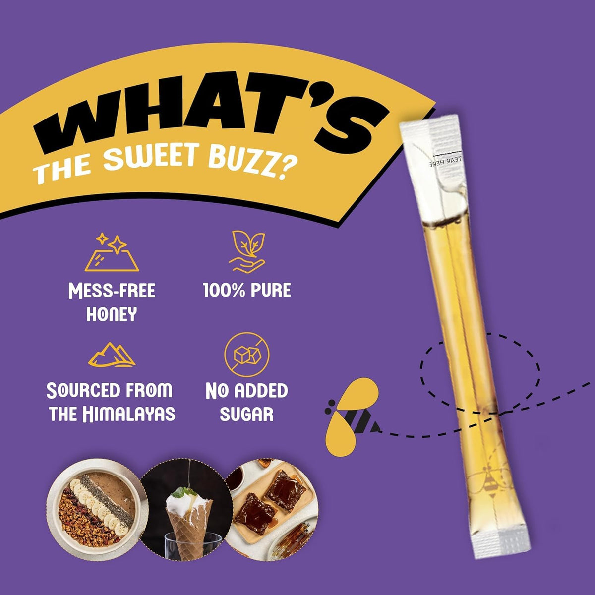 Honey Twigs tea and coffee usage image shows quick sweetness for beverages.