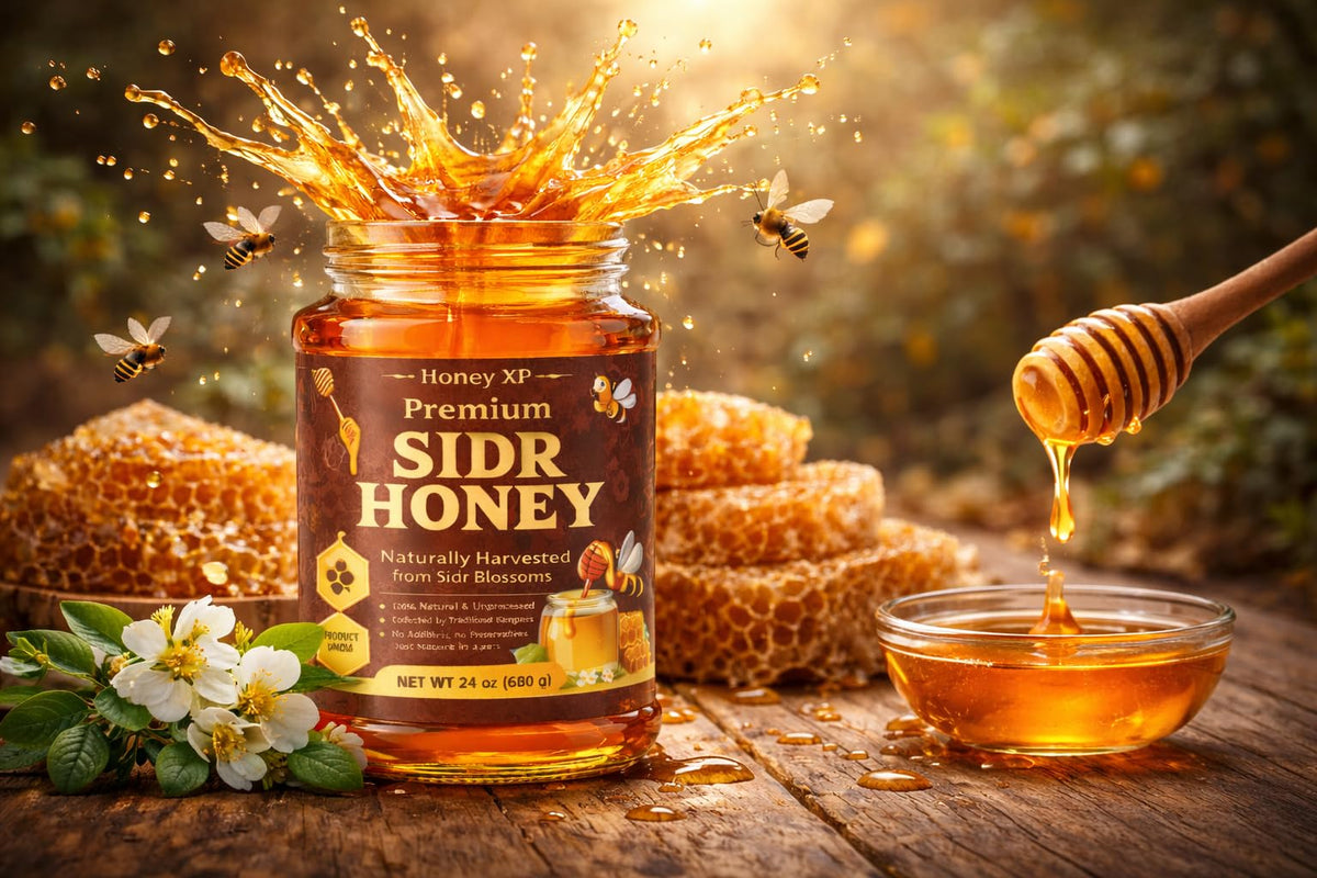 Glass jar of Honey XP kept sealed to preserve taste and aroma.