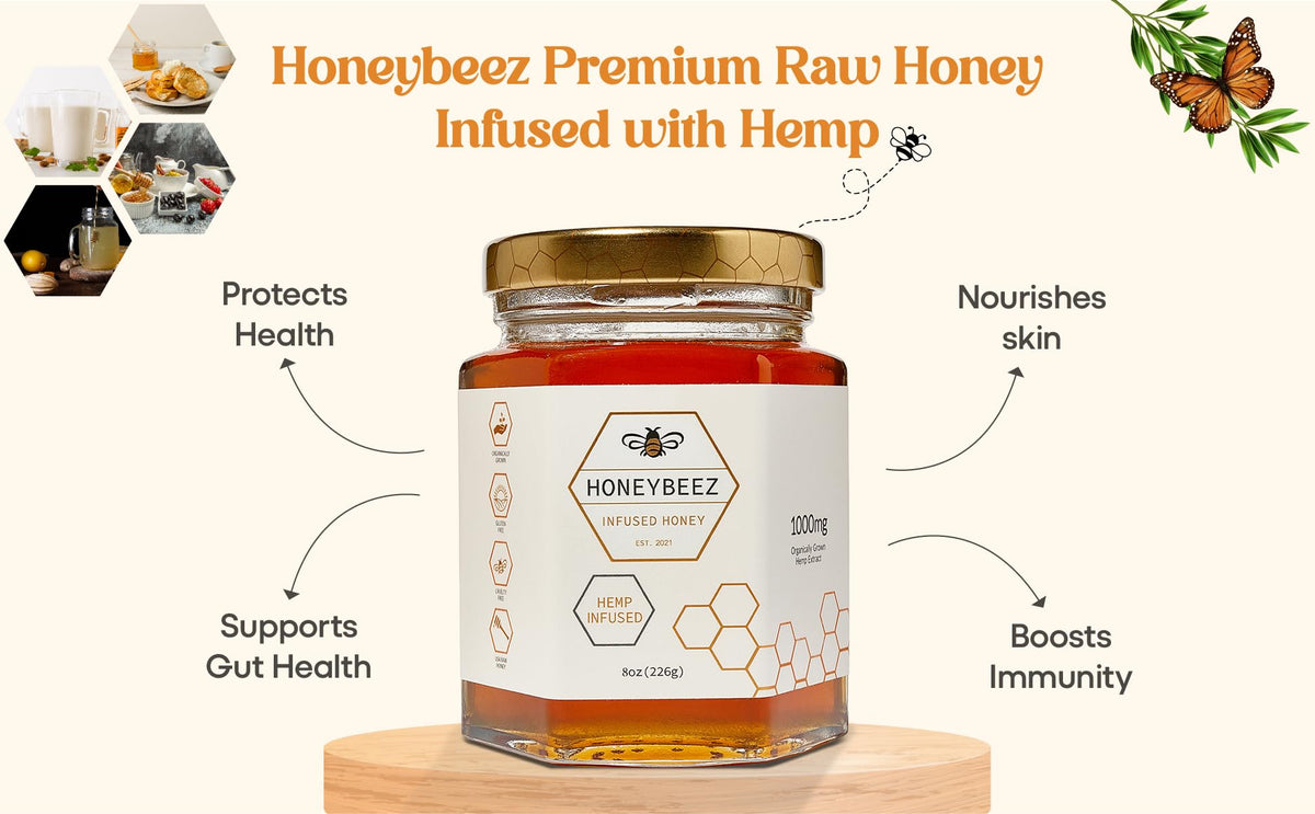 HoneyBeez hemp-infused honey pour ready to sweeten tea or toast