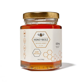 HoneyBeez Premium Raw Honey Hemp jar shows natural sweetness and hemp infusion