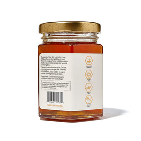 HoneyBeez raw honey hemp label closeup highlights farm-to-table purity