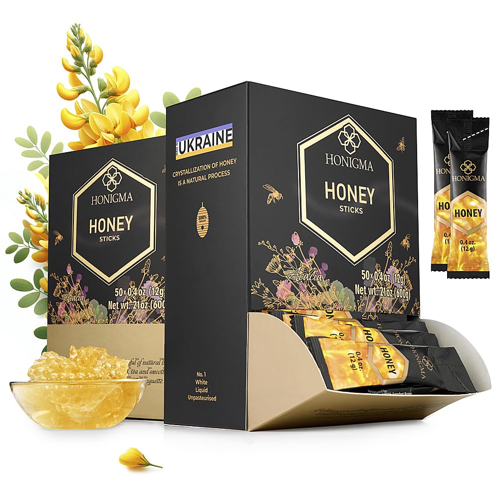 HONIGMA Acacia honey stick bottle pour highlights smooth flavor and convenient energy.