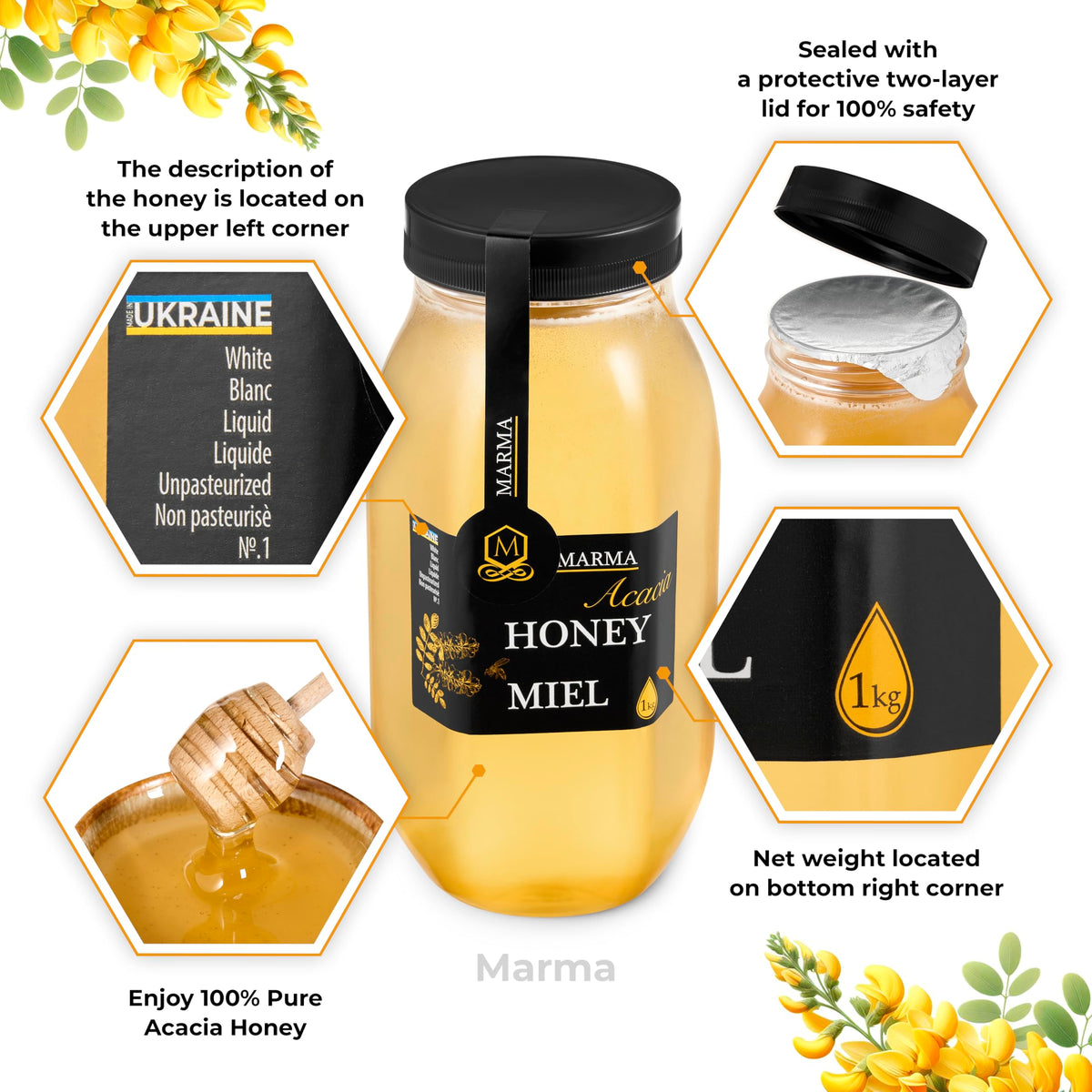 HONIGMA Marma Acacia Honey jar closeup highlights raw purity and floral notes