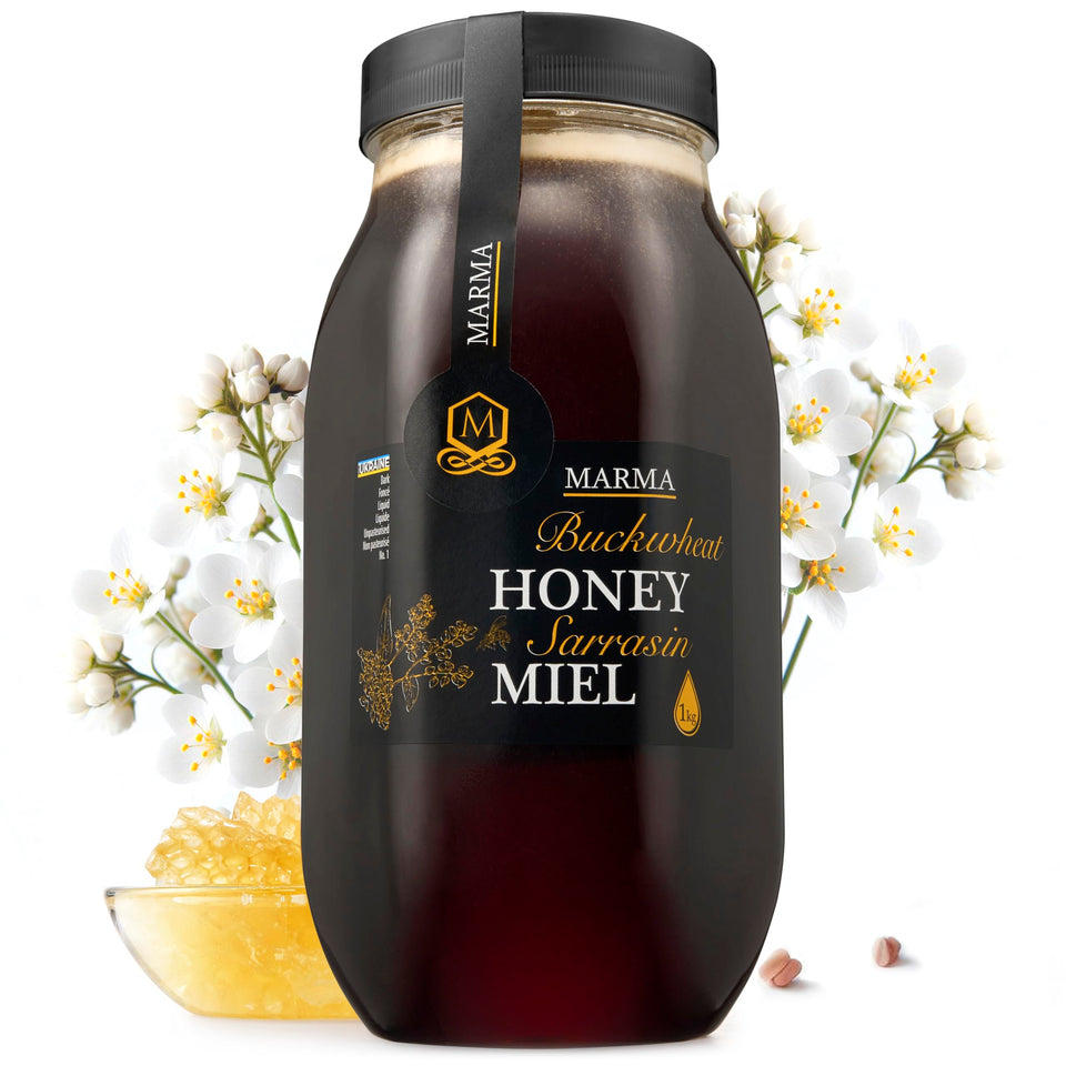 HONIGMA Marma Buckwheat Honey jar front view highlighting natural crystallization