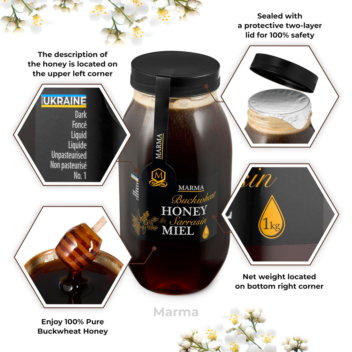 HONIGMA Marma Buckwheat Honey texture close up showing solid crystallized consistency ideal for pantry use