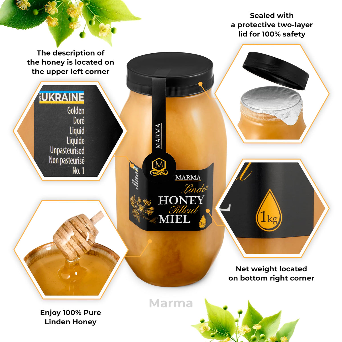HONIGMA Marma Linden Honey jar ready for spreading on toast with floral notes