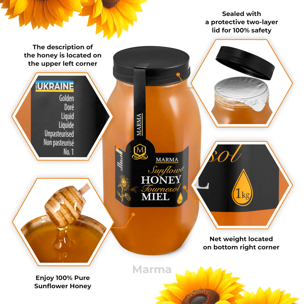 HONIGMA Marma Sunflower Honey pour bottle ready for tea and baking