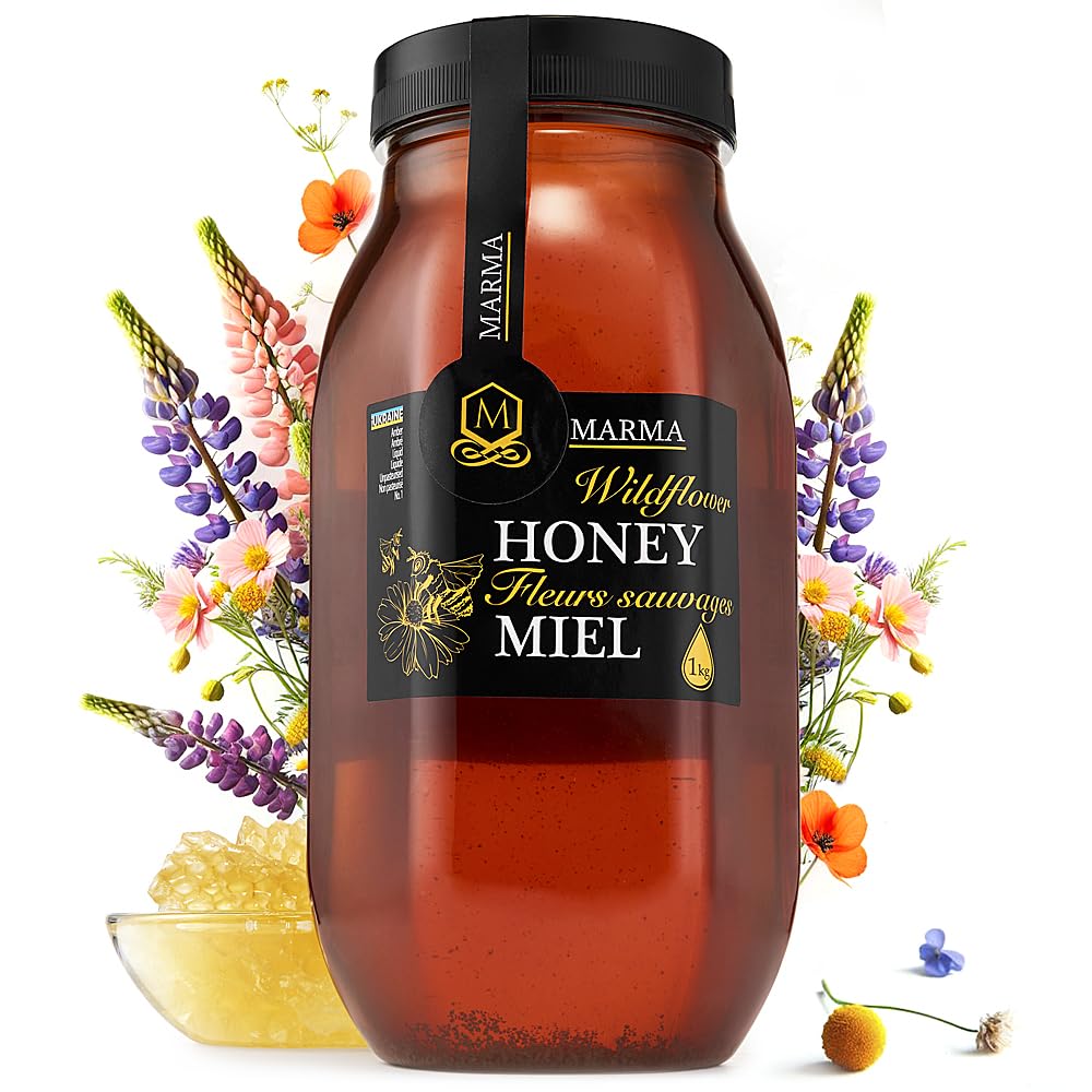 HONIGMA Marma Wildflower Honey bottle pouring for tea and toast.