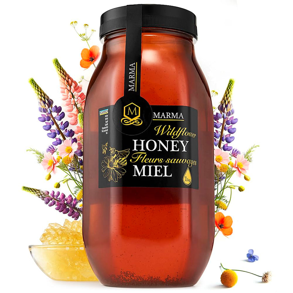HONIGMA Marma Wildflower Honey bottle pouring for tea and toast.