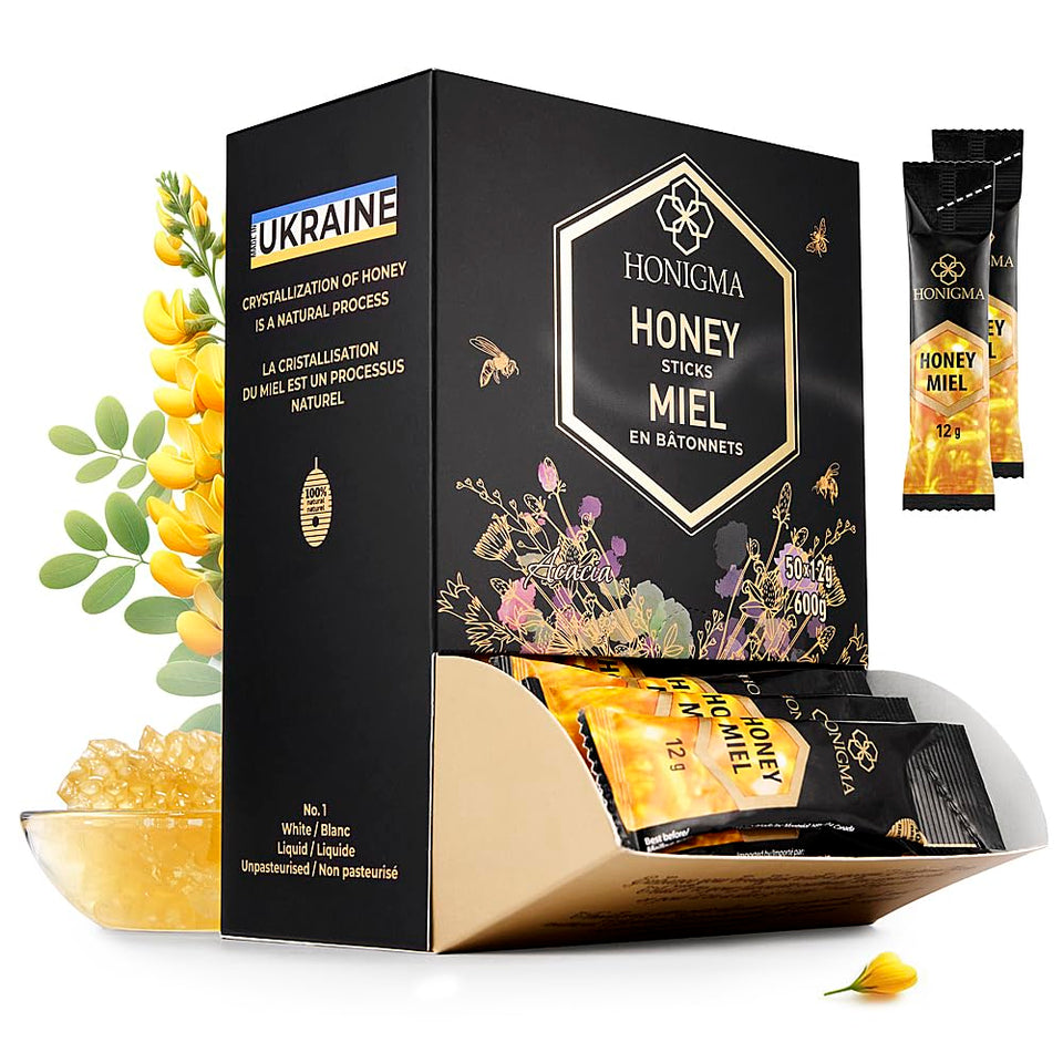 HONIGMA Pure Ukrainian Acacia Honey Stick 50-count pack for convenient on-the-go energy