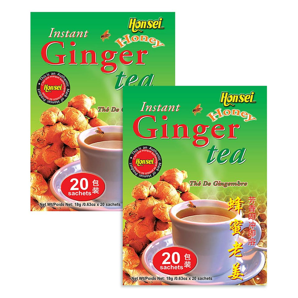 Honsei Ginger Honey Tea sachets front view, ready to brew in hot water.