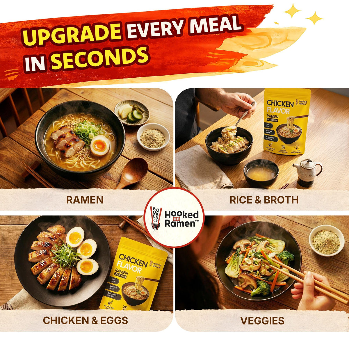 Hooked on Ramen bottle and spoon over simmering broth showcasing balanced sodium