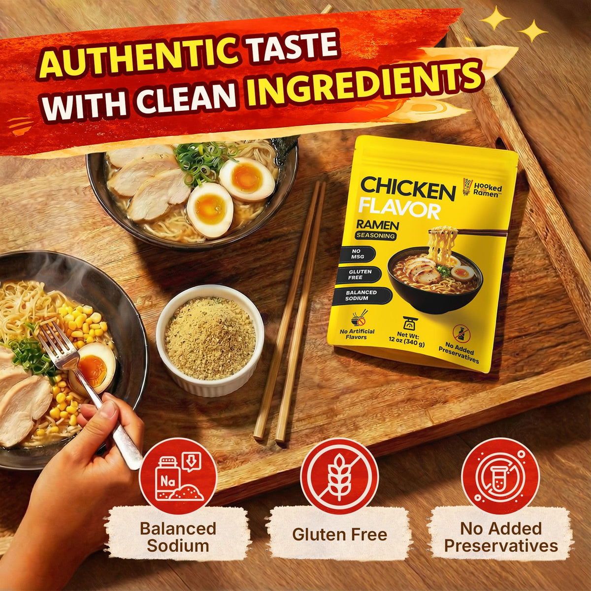 Hooked on Ramen dish with rice bowl featuring umami finishing seasoning