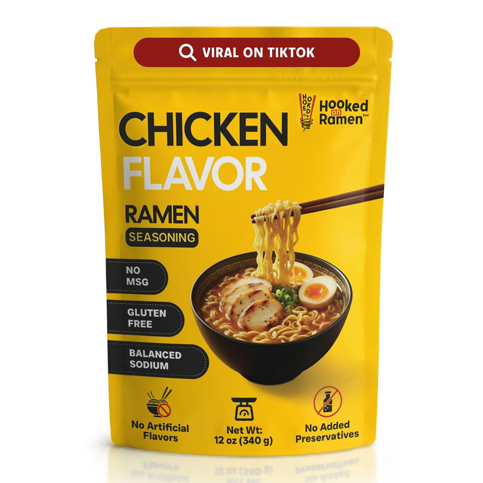 Hooked on Ramen gluten free chicken ramen seasoning being poured to enrich broth