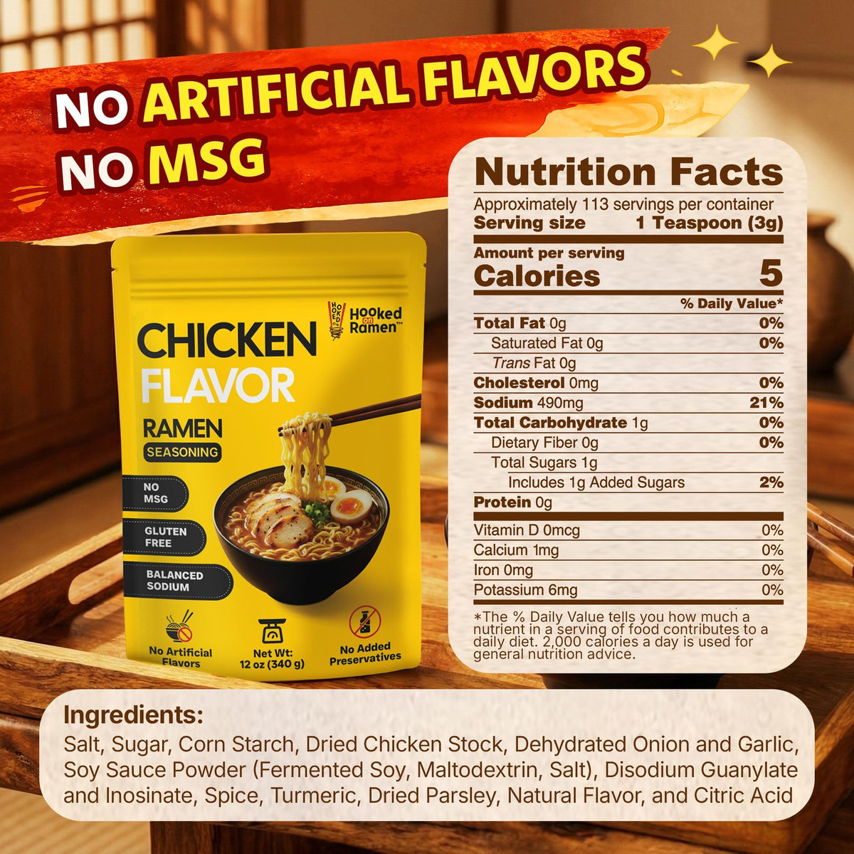 Hooked on Ramen packaging with clean ingredients and no artificial flavors