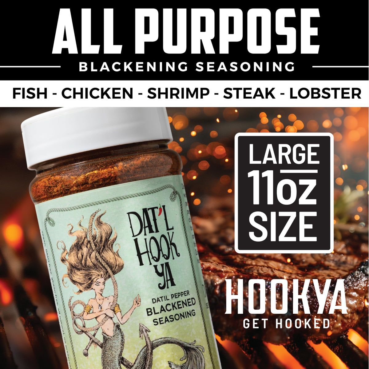 Hook'Ya chicken with blackened spice in a sizzling skillet.