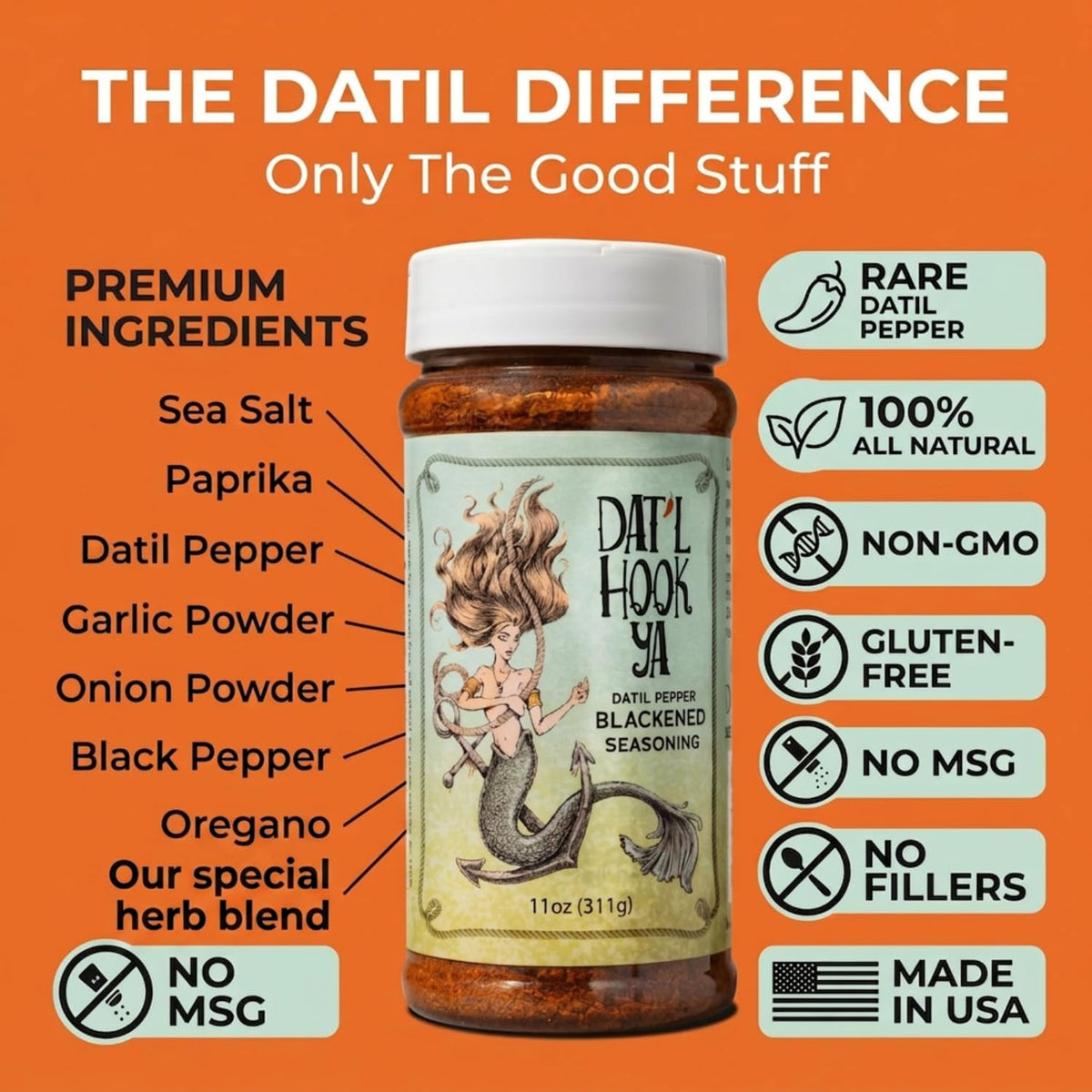 Hook'Ya Datil Pepper Seasoning label close-up with clean ingredients emphasis.
