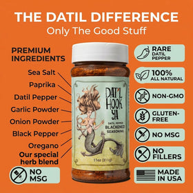Hook'Ya Datil Pepper Seasoning label close-up with clean ingredients emphasis.