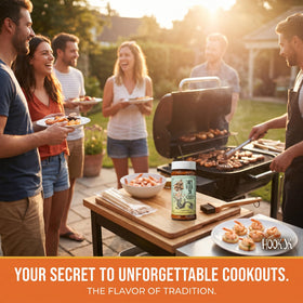 Hook'Ya seasoning at a tailgate BBQ setup for flavor.