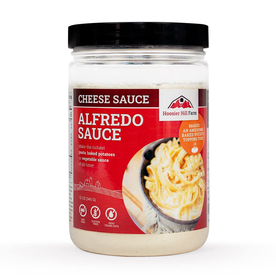 Hoosier Hill Farm Alfredo Sauce Mix packaging front shows quick creamy pasta use.