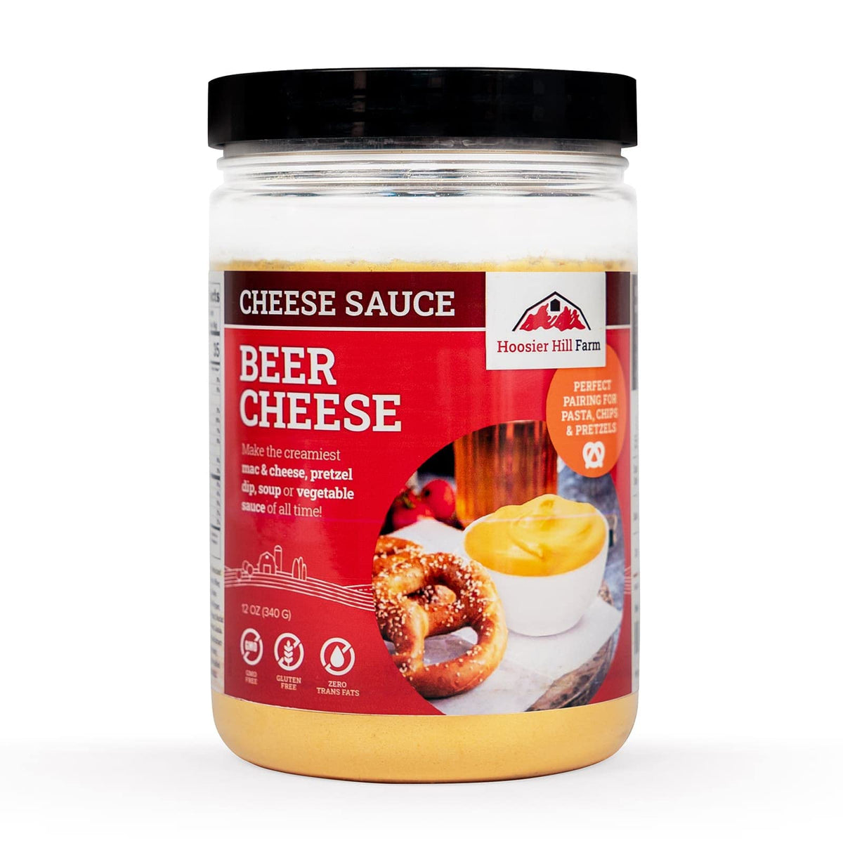 Hoosier Hill Farm Beer Cheese Sauce Mix bottle label shows premium ingredients