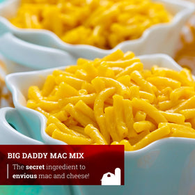 Cooked elbow macaroni with Big Daddy Mac creates a family-friendly cheese dish.