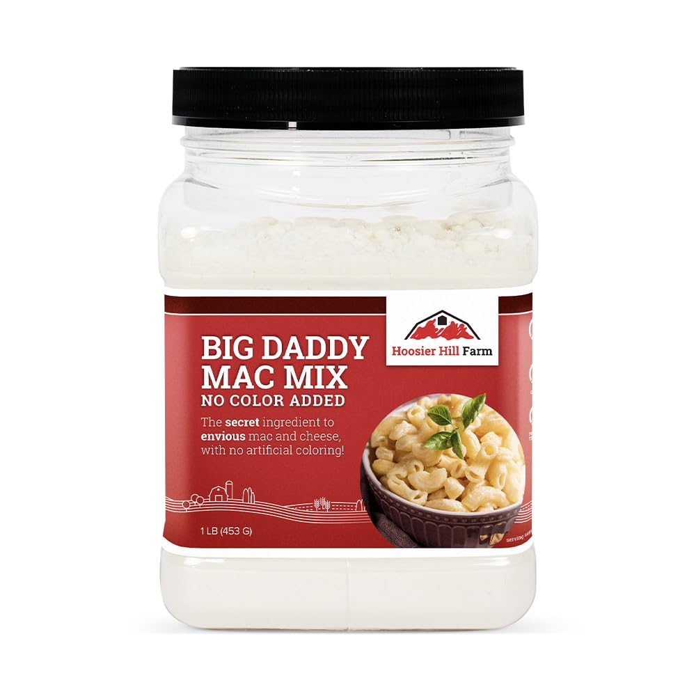 Hoosier Hill Farm Big Daddy Mac Mix packaging on pantry shelf for easy weeknight meals.