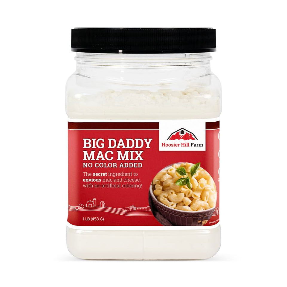 Hoosier Hill Farm Big Daddy Mac Mix packaging on pantry shelf for easy weeknight meals.