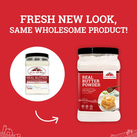 Hoosier Hill Farm butter powder packaging with scoop, easy to measure for recipes.
