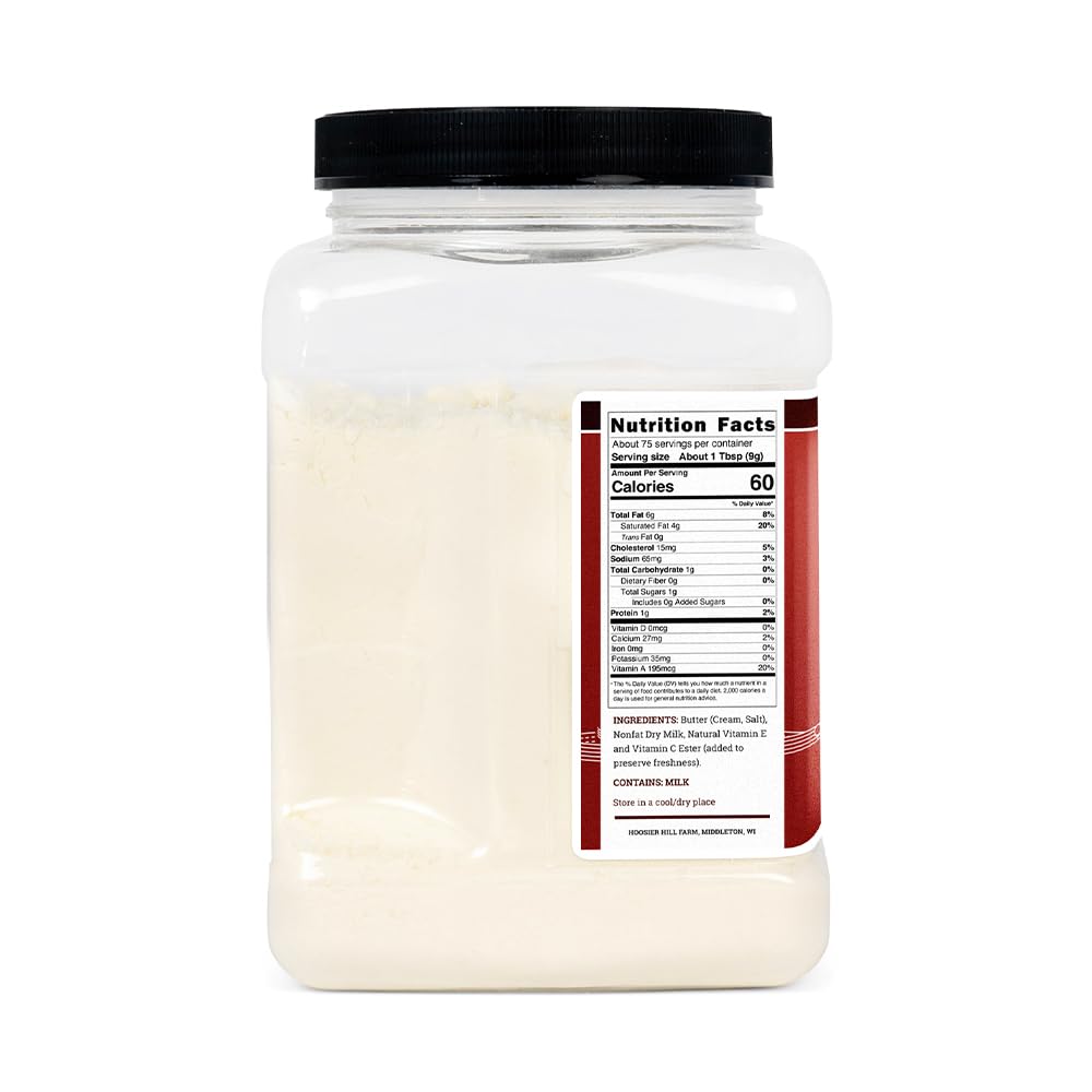 Hoosier Hill Farm butter powder jar on counter, enhances vegetables with subtle richness.