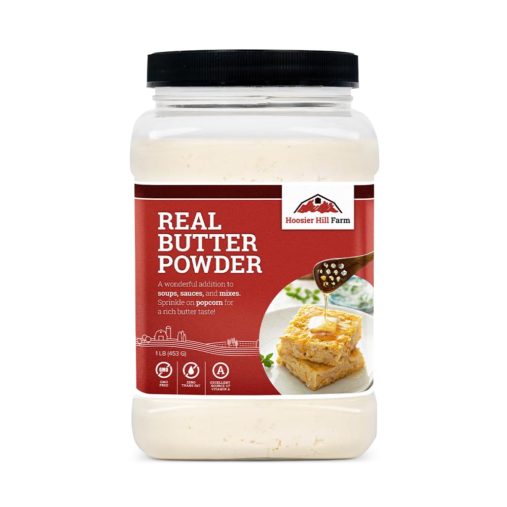 Hoosier Hill Farm Real Butter Powder in a tub, rich flavor for baking and sauces everyday.
