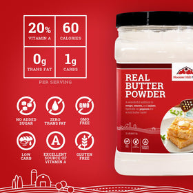 Hoosier Hill Farm Real Butter Powder on counter, ready to enrich baked goods.