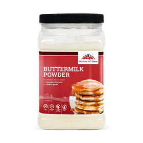 Hoosier Hill Farm Buttermilk Powder bottle on kitchen shelf for easy pantry use.