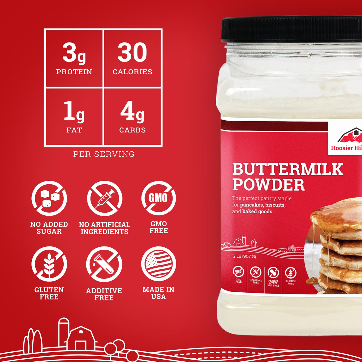 Hoosier Hill Farm Buttermilk Powder measuring cup showing precise 1:4 ratio.
